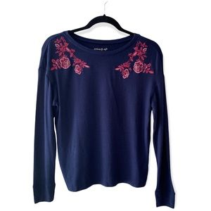 Aeropostale Seriously Soft Blue Crewneck Sweater Pink Floral Embroidery Size XS